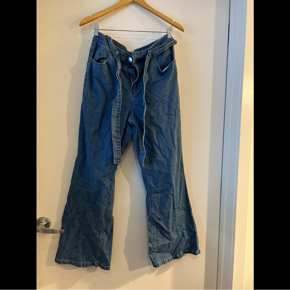 Plus High Waist Belted Flare Leg Jeans